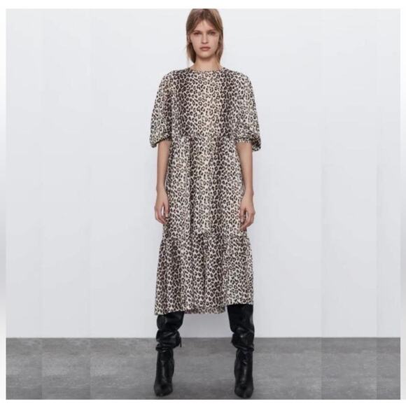 Zara Dresses & Skirts - Zara leopard print tiered midi dress size M
